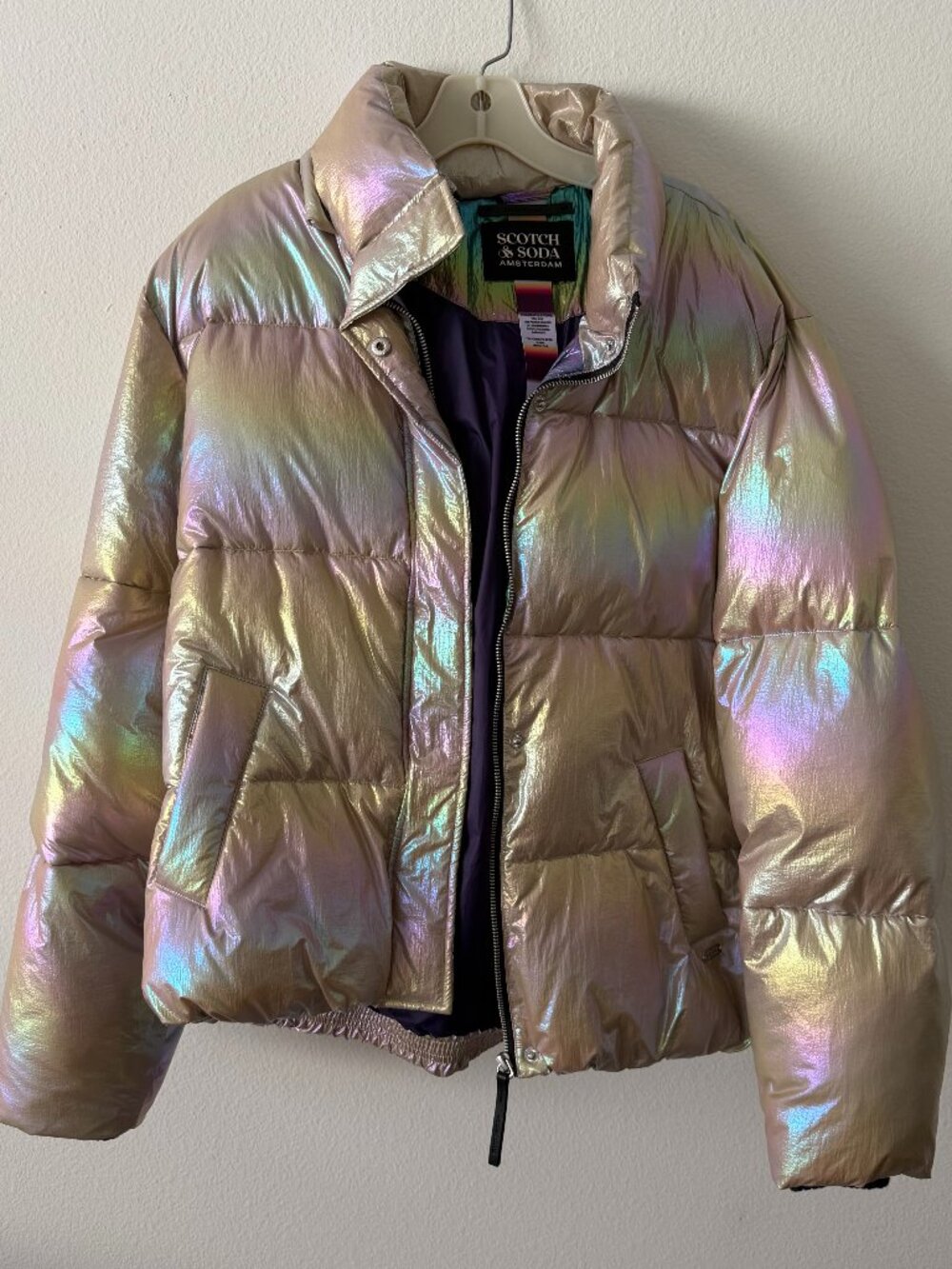 Scotch & Soda Iridescent Puffer Jacket with Removable Hood, Size Large
